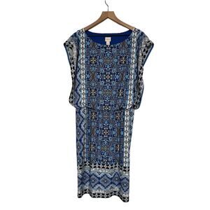 Chicos Womens Blue Blouson Dolman Sleeve Mixed Media Print Dress Size Large